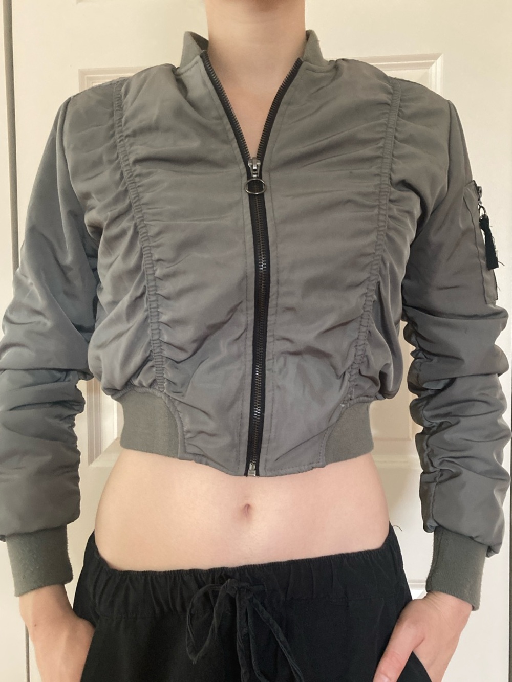 Olive Gray Cropped Bomber Jacket